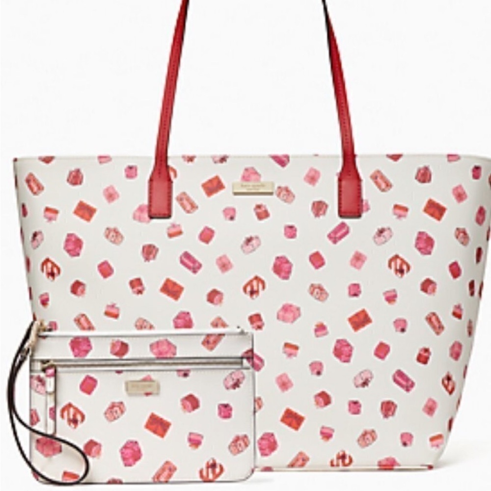 Kate Spade Red and Pink Gift Pattern Tote with Wristlet - Picture 4 of 7
